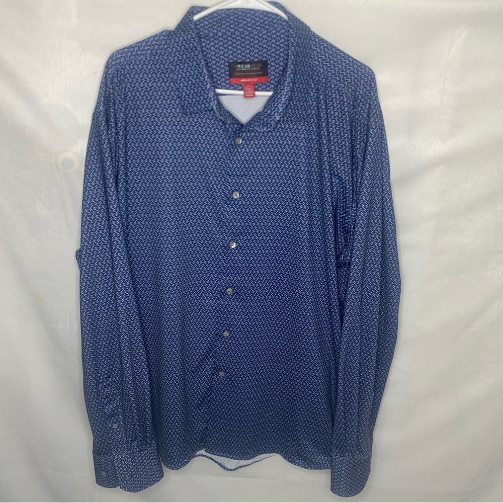 Kenneth Cole Awearness Slim Fit Shirt XXL Blue White Geometric Print Awear-Tech
